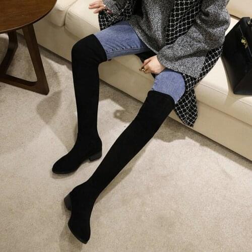 Soft flock woman shoes round toe chunky heels overknees boots for women stretch slim socks booties black brown grey boots winter