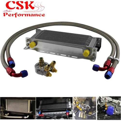 Universal 16 Row Oil Cooler+AN10 Oil Adapter w/Thermostat +Braided Hose Line Kit Silver / Black