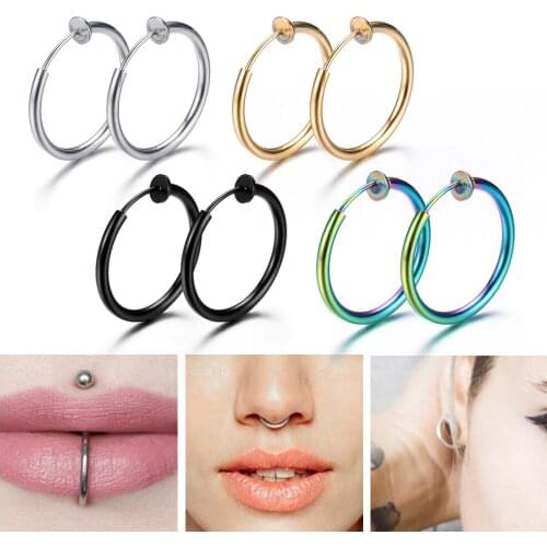 1Pair No Piercing Retractable Earrings Punk Hip Hop Fake Nose Ring Dangle Stainless Steel Fake Septum Piercing Cuff Earrings