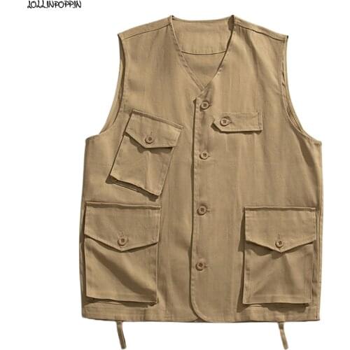 Japan Style Multi-Pockets V-Neck Men Cotton Vest Khaki 2021 New Sleeveless Thin Coat Casual Photographer Waistcoat