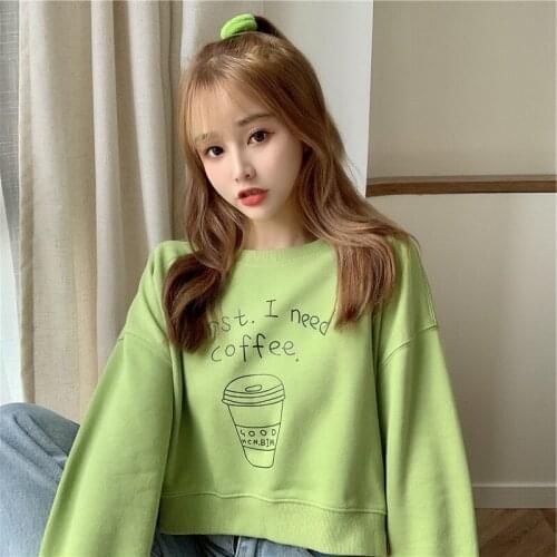 Green Short Cropped Sweatshirts Women Loose Letter Coffee Printed Korean Fashion Thin Hoodies Mujer Long Sleeve Sudaderas Mujer