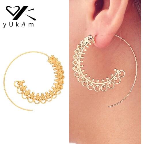YUKAM Bohemia Ethnic Ear Jewelry Gold Big Swirl Hoop Earrings for Women Brinco Creole Earrings Femme Punk Spiral Tribal Earrings