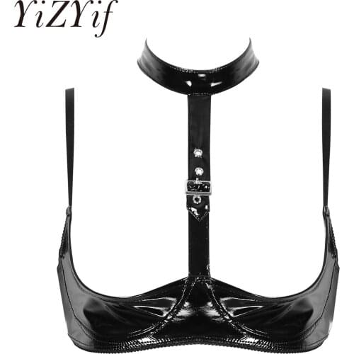Women open cup bra with neckline sexy Bra tops Patent Leather Lingerie Halter Neck Adjustable Open Bra Wire-free Shelf Bra Top