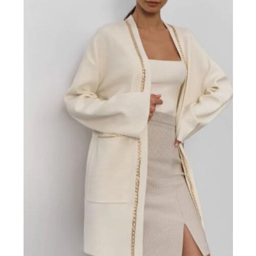 Oversize Cardigan Long French Style Loos Chain Sweater Luxury Design Knitted Minimalism Clothing Women 2021 New Fall And Winter