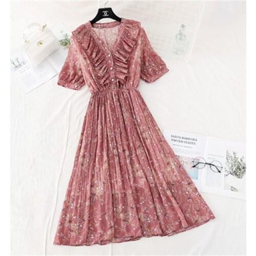2020 Summer Women V-neck Pleated Dress Elastic waist Short sleeve Floral Print Chiffon Dress Casual Ruffles Midi Long dresses