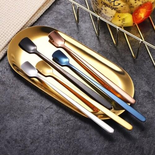 10 Pcs stainless steel square head spoon titanium plated golden mug spoon long handle stirring spoon honey creative ice spoon