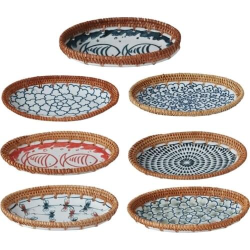 2021 Hand Woven Rattan Blue & White Porcelain Stitching Snack Plates Sushi Plate Fruit Plate Snack Table Decor Japanese Style