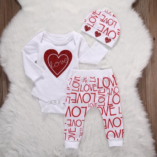 XMAS Newborn Toddler Baby Girl Clothing Set Love Print Romper Pants Cotton Cute 3pcs Baby Girls Clothes Outfits Set 0-18M