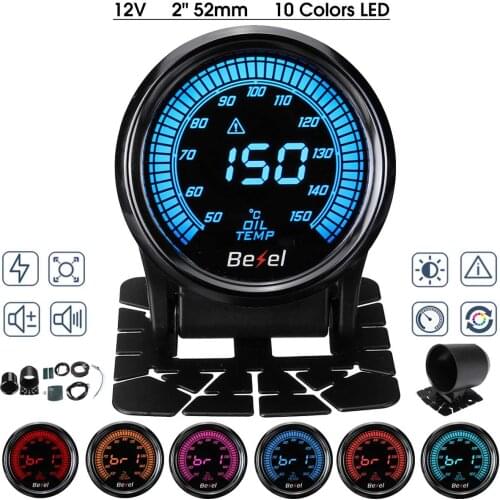 2" 52mm 10 Color Car Oil Temp Gauge 12V Temperature Pressure Meter Digital LED Readout Display 50~150 Celsius with Mount Bracket