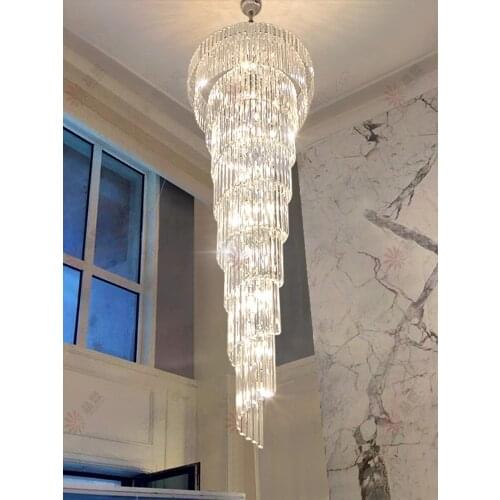 Duplex floor large chandelier modern minimalist crystal villa living room European-style hollow hall rotating staircase long led