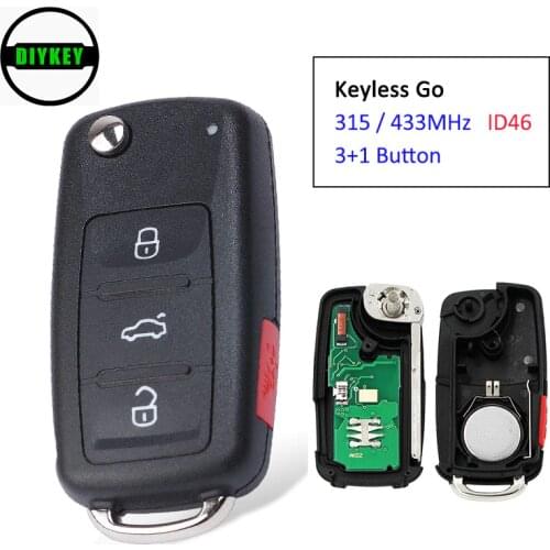 DIYKEY Keyless Go Function Flip Remote Car Key Fob 3 +1 Button 315MHz / 433MHz ID46 Chip for VW Volkswagen Touareg 2002-2010