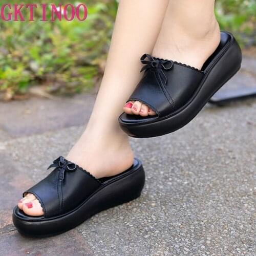 GKTINOO Women Slippers 2021 Ladies Summer Slippers Shoes Women Wedges Heels Fashion Summer Genuine Leather Shoes Platform