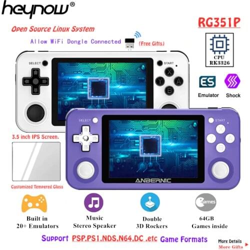 HEYNOW RK3326 WiFi RG351P Retro Game Console 64GB Emuelec Linux System PS1 N64 3.5" IPS Screen RG350P RG350 Pocket Game Player
