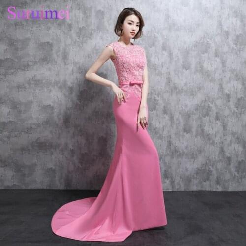 Real Photo Mermaid Evening Dresses With Fashion Applique Short Cap Sleeves Short Tail Rose Pink Evening Gown Long Prom Dresses