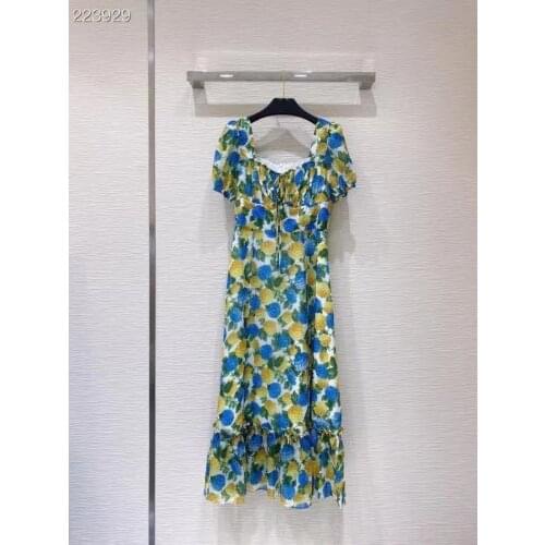 New Autumn Fashion Designer Midi Dresses Women Square Collar Short Sleeve Flowers Print Empire Ruffles Elegant Party Vestidos