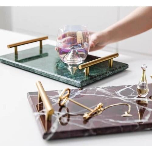 Nordic Natural Marble Trays Round Cake Snack Dessert Tray Serving Platter Gold-plated Stainless Steel Handle Christmas Plates