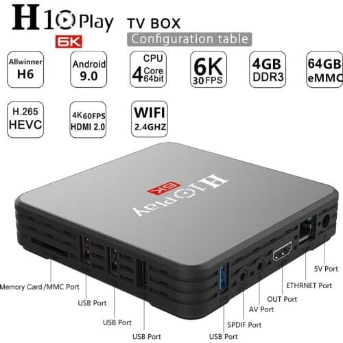 H10 PLAY Smart TV Box Android 9.0 Allwinner H6 Cortex-A53 Quad Core 2.4G WiFi Support TF Card H.265 Decoding 6K HD Media Player