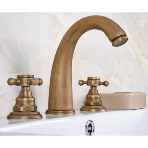 Vintage Antique Brass Two Cross Handle Deck-Mount 3 Hole Widespread Bathroom Lavatory Bathtub Basin Faucet Sink Mixer Tap dan077