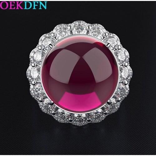 OEKDFN Vintage 100% 925 Sterling Silver Ring For Couple Round Ruby Gemstone Birthstone Engagement Wedding Fine Jewelry