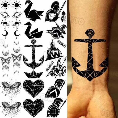 Black Anchor Temporary Tattoos For Men Women Realistic Butterfly Planet Spartan Fake Tattoo Sticker Waterproof Arm Body Tatoos