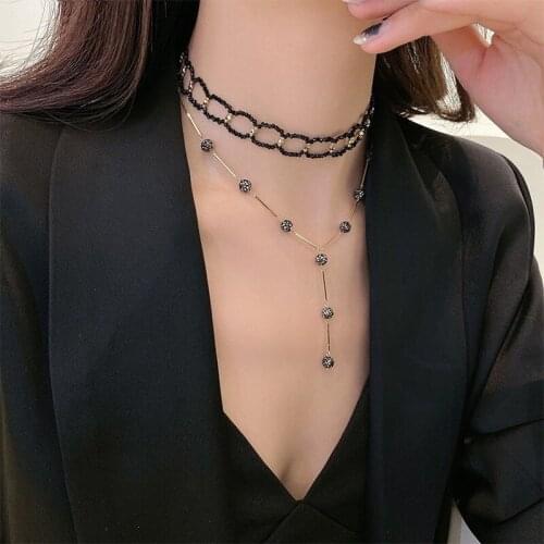 VSnow Unique Design Black Color Double Layer Hollow Laser Crystal Ball Chokers Necklace Luxury Long Tassel Necklace Jewelry