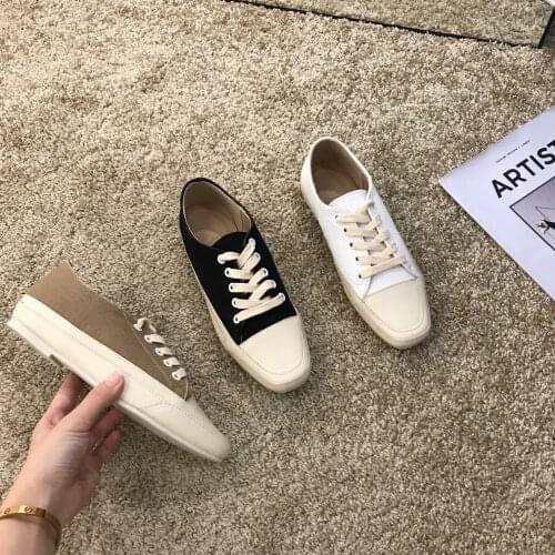 Womens shoes square toe canvas shoes casual lazy sports board shoes lace up soft bottom white shoes women autumn shoes