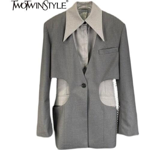 TWOTWINSTYLE Casual Slim Patchwork Colorblock Blazer Female Long Sleeve Cut Out Fake Two Korean Fashion Jacket For Women Clothes