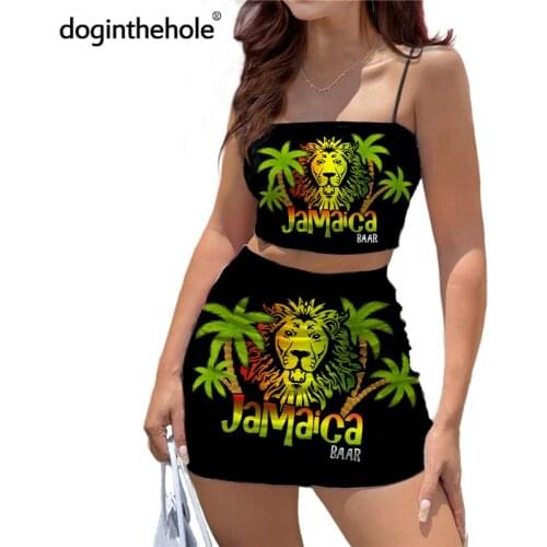 Lion Print Jamaica Flag Pattern Sexy Stylish Women Mini Dress Halter Spaghetti Strap Crop Top and Mini Skirt 2 Piece Set Summer