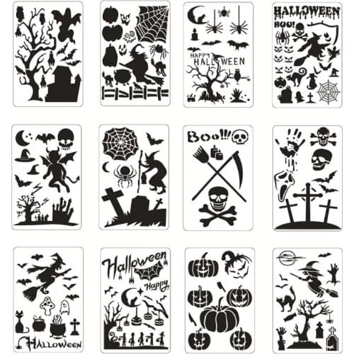 12Pcs Halloween Drawing Template Stencils Reusable Anti-break Painting Stencils for Painting on Wood Wall Glass Canvas