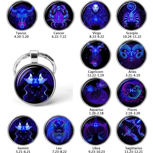 25mm Glass Cabochon Zodiac Signs Keyring 12 Constellations Keychain Traditional Fashion Key Ring Key Chain Jewelry Gift