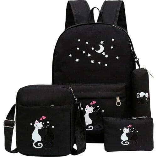 4Pcs/Set Women Backpack Schoolbag Canvas Cat Pattern School Bag For Girls Laptop Backpack Female Shoulder Bag Bagpack Sac A Dos