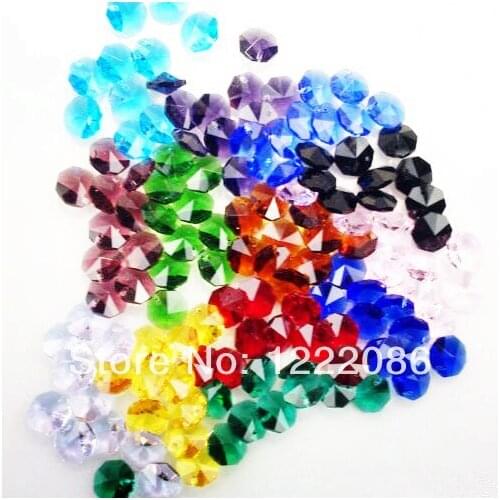 Free shipping,100pcs 14mm aaa 1-hole octagon crystal glass beads chandelier chain parts mix colors