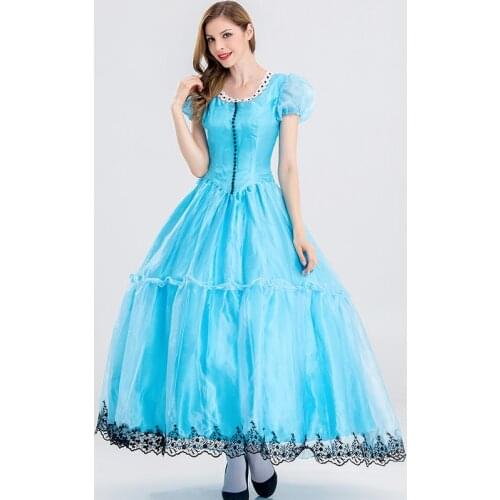 Free shipping Alice fantasy Wonderland cosplay costume Adult Halloween ball dress role playing Princess blue long Dress JQ-1151