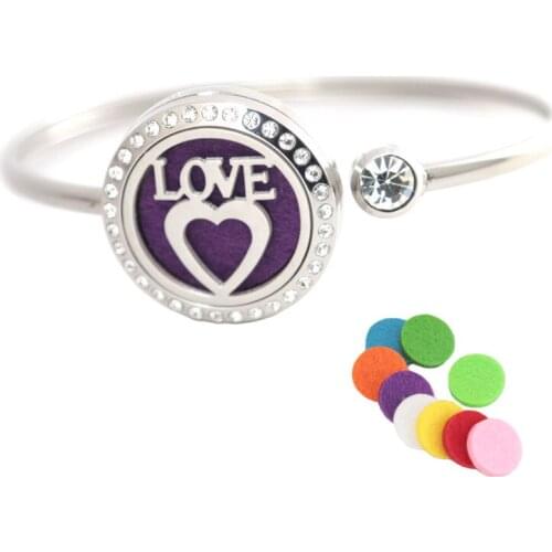 Essential oil diffuser locket bracelet Cute Love 25mm Magnet Crystal Stainless steel Aromatherapy locket Bracelet Bangle