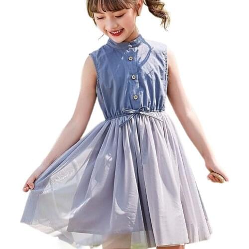Kids Dress Button Half Placket High Waist Elegant Girls Sleeveless Net Yarn Dress for Birthday Party