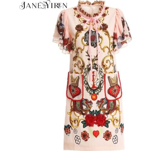 Janeyiren Fashion Designer Runway dress Spring Summer Women Dress Short sleeve Vintage Print Beading Sequin Applique Dresses