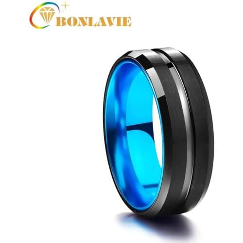 BONLAVIE Classic Wedding Men Rings 8mm Matte Black Tungsten Carbide Ring Sky Blue Inner Ring for Male Jewelry Accessories