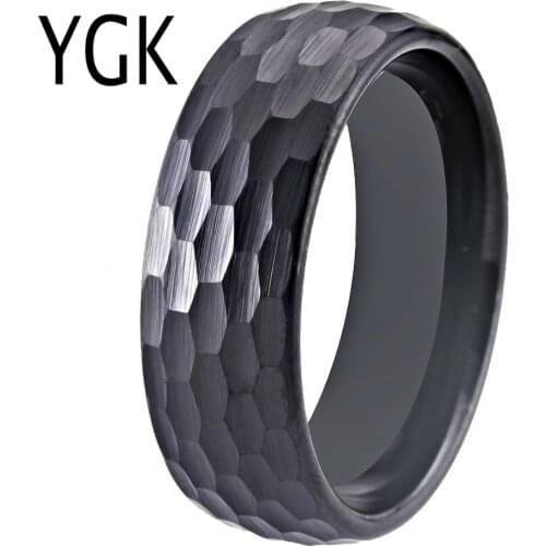 Hammer 8mm Black Domed Tungsten Ring Women Classic Hammered Comfort Fit Faceted Comfort Fit for Men Wedding Band Engagement Ring