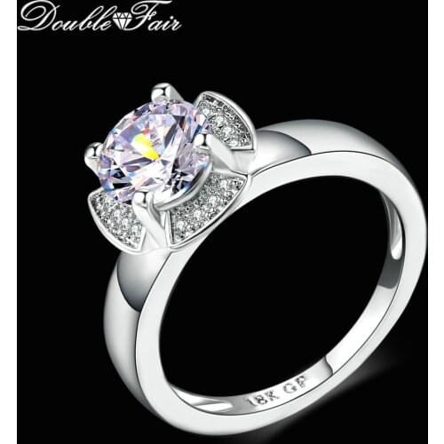 Double Fair Four leaves Flower Cubic Zirconia 7mm Crystal Rings Silver Color Fashion Wedding Jewelry For Women anel DFR658