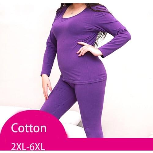 Women autumn winter plus large big size cotton thermal underwear set long johns top and bottoms 2XL-6XL