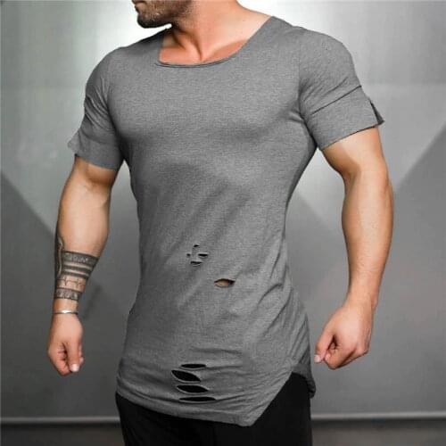 Muscleguys 2020 New Summer T Shirt Men Ripped Hole T-shirts Men Square neck Slim Fit Tees Fitness Mens Hip Hop Extend Tshirt