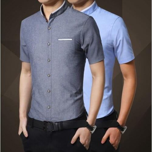 Mens Casual Solid Slim Fit Dress Shirts Mandarin Collar Men Korean Short Sleeve Social Formal Business Shirt Male Camisas TS-460