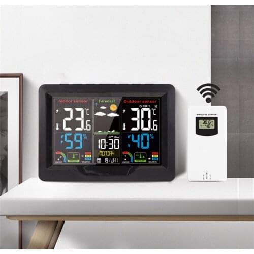 Fanju Desk Clock Digital Alarm Clock Wireless Sensor Weather Station Indoor Outdoor Temperature Humidity Forecast