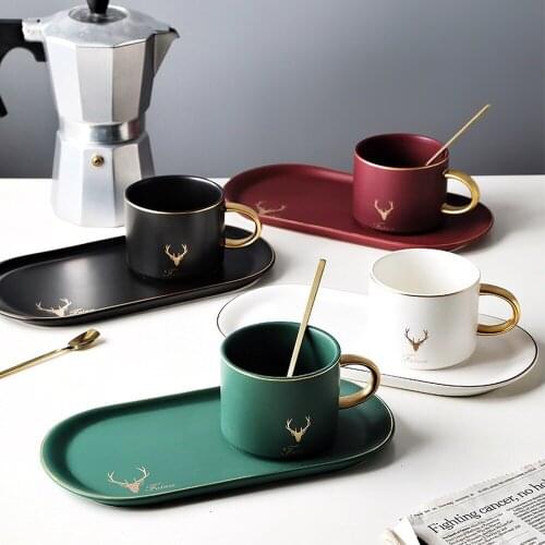Nordic Style Light Luxury Elk Ceramic Coffee Cup Long Oval Saucer Sets With Teaspoon Afternoon Tea Mug Teacup Dessert Plate Kits