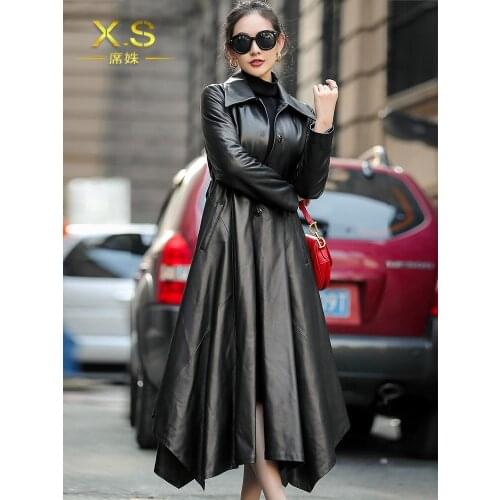 New Fashionable Leather Down Jacket Womens Mid-length Haining Sheep Skin Slim Single Leather Trench Coat