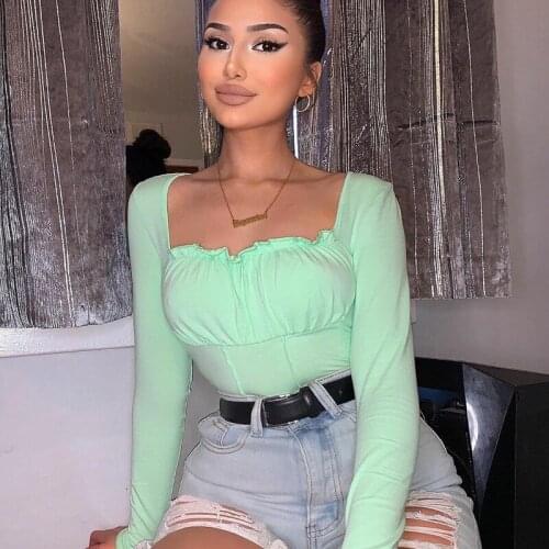 Autumn New Street Girls Ruched Long Sleeve T-Shirts Women Fashion Chic Ruffles Crop Top T-shirt Sex Slim Korean FemaleTee Shirt