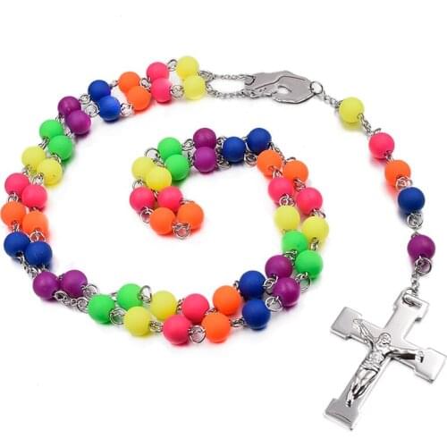 Wedding cool 8mm multicolor beads necklaces rosary for women 2018 style jesus cross jewelry men muince fir RN103