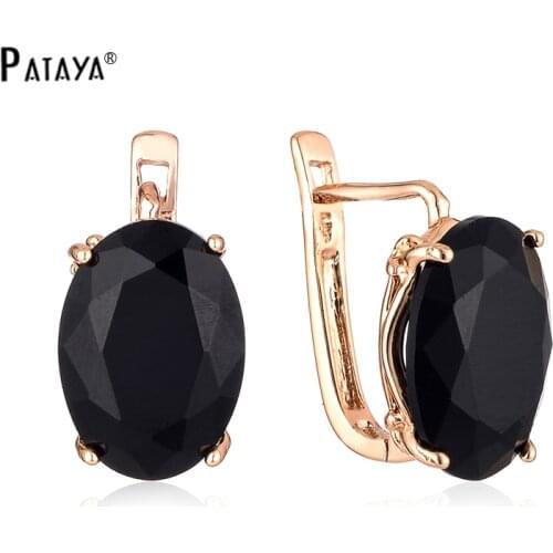 PATAYA Romantic Vintage Black Earrings 585 Rose Gold Round Design Blue Cubic Zirconia Indian Jewelry Women Chandelier Earrings
