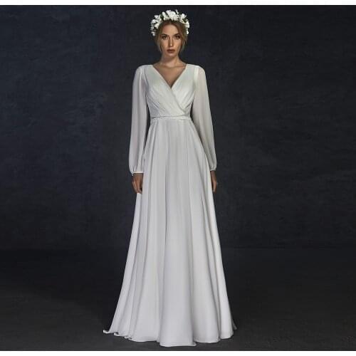 Beach Summer Outdoor Ruched Chiffon Bridal Gown A Line Long Sleeve V-Neck Maxi Minimalist Wedding Dress Custom Made 2021