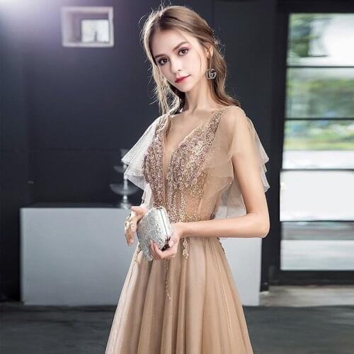 2021 Luxury Champagne Evening Dress A-line Appliques Bead V-neck Backless Elegant Wedding Party Guests Maid of Honor Prom Gowns